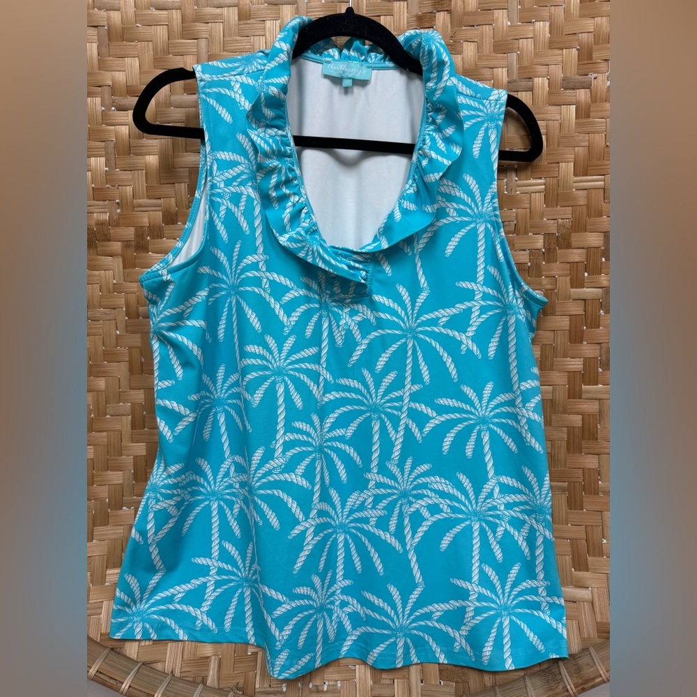 Anthony’s Resort Wear - Tropical Blue and White Sleeveless Ruffled Neck Top